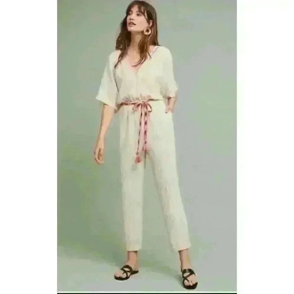 Anthropologie Feather Bone Soleil Belted Jumpsuit in Ivory Size SMALL